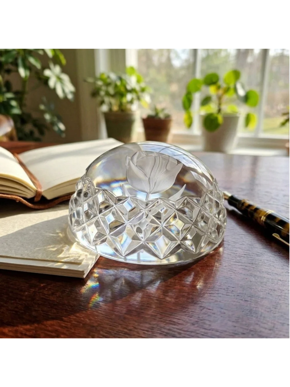 Waterford Crystal Round Domed Paperweight Frosted Intaglio Tulip Flower